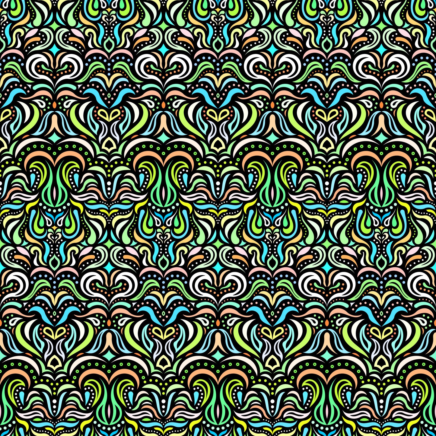 Turquoise - Green - Orange Abstract Doodle Fabric 1013.2