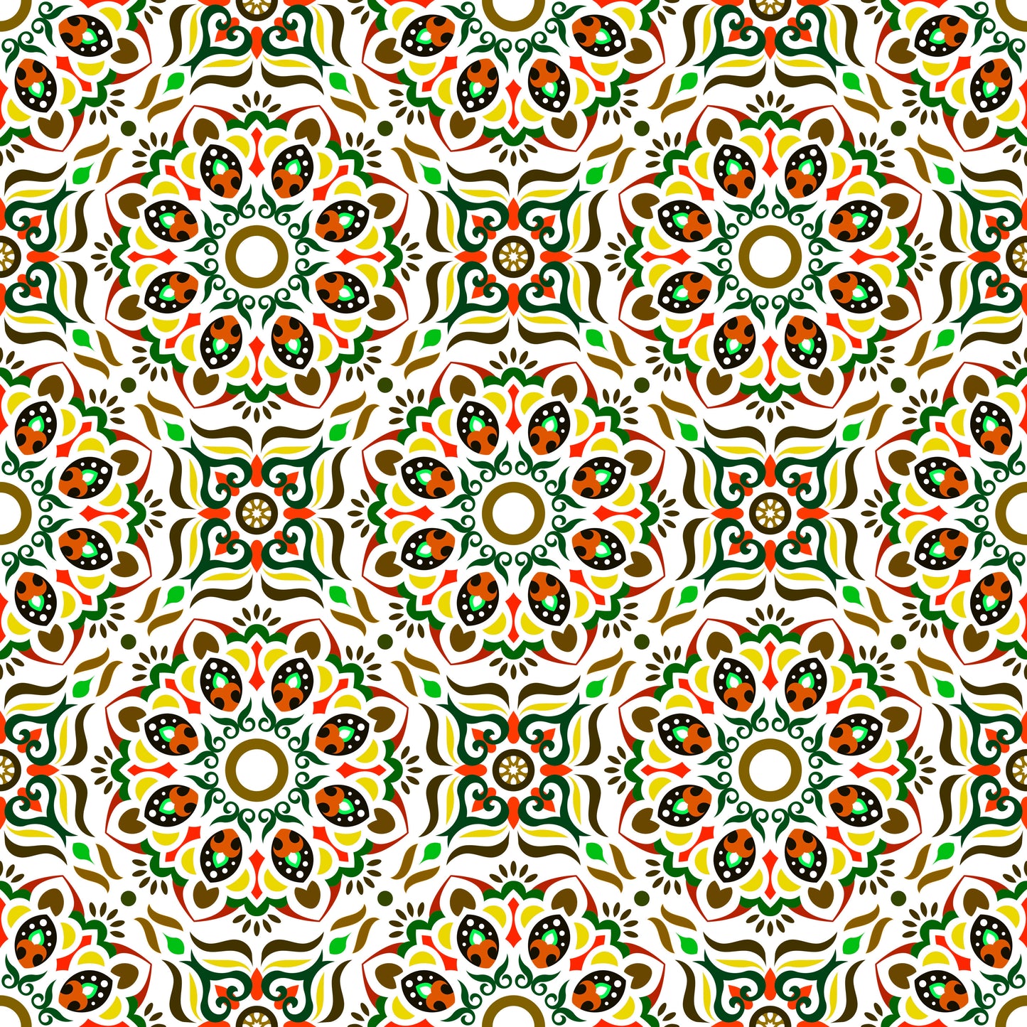 Green - Orange - Yellow - Brown Mandala Fabric - 186i