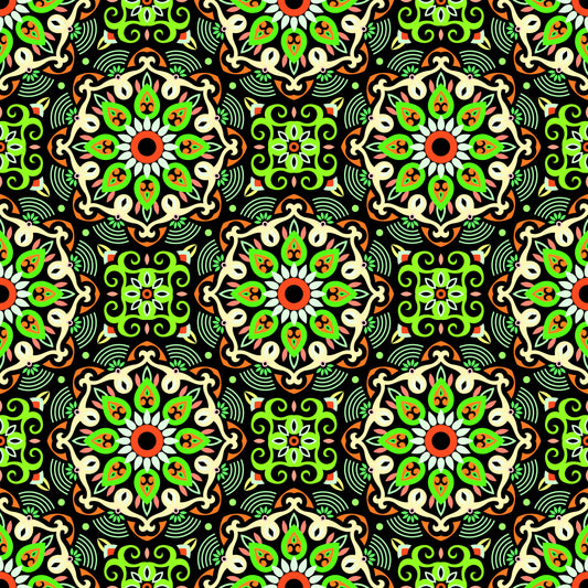 Green - Orange Mandala Fabric - 140