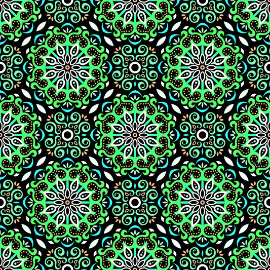 Green - Turquoise - Orange Mandala Fabric - 165