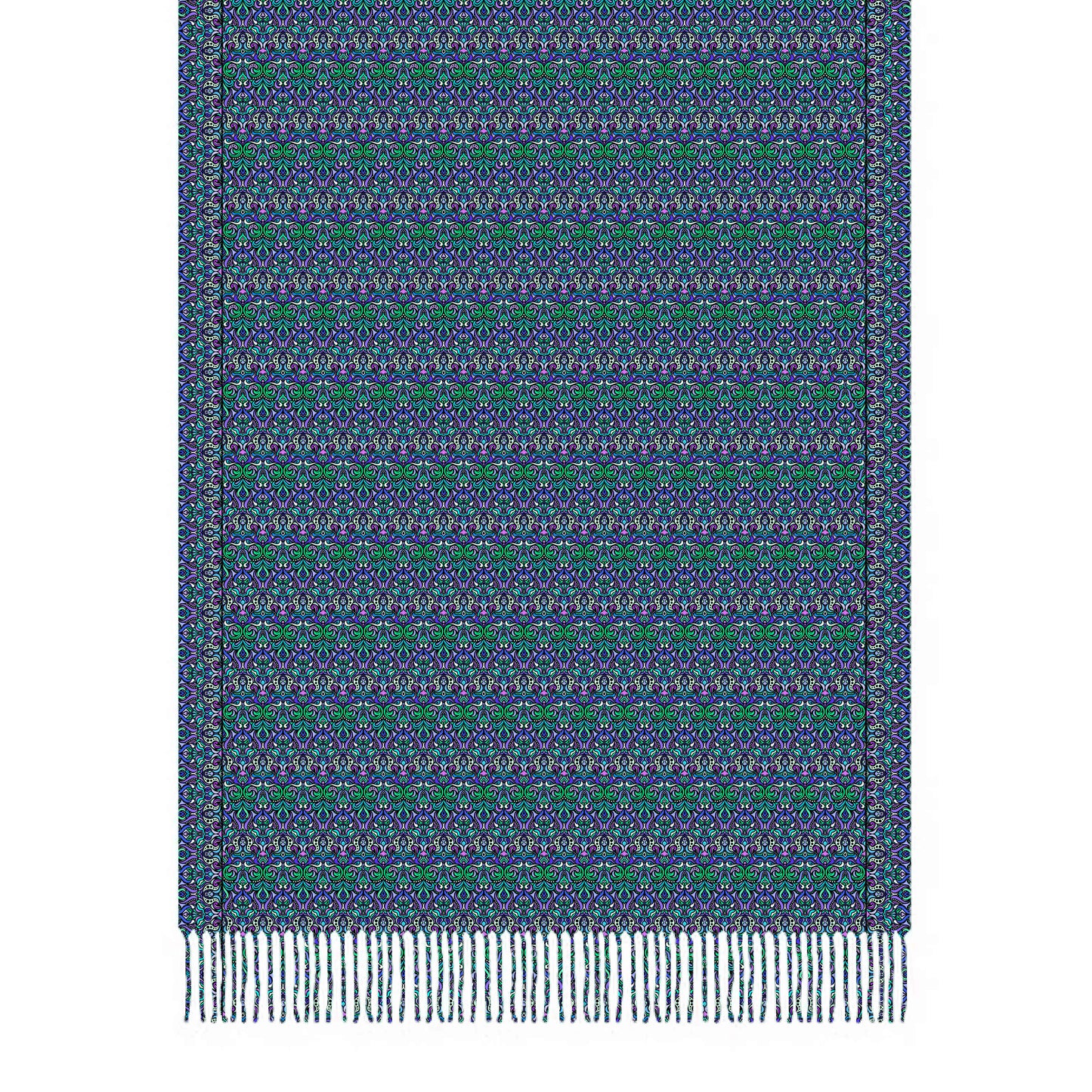 Turquoise - Green - Purple Abstract Doodle Scarf with Tassels