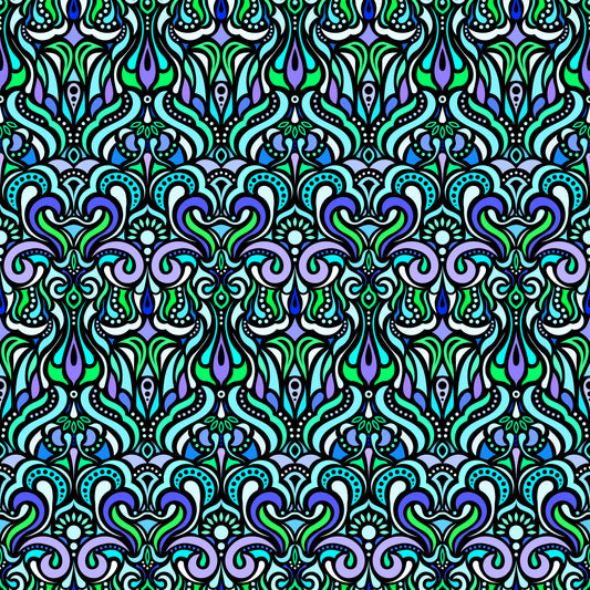 Turquoise - Green - Blue Abstract Doodle Fabric 1012