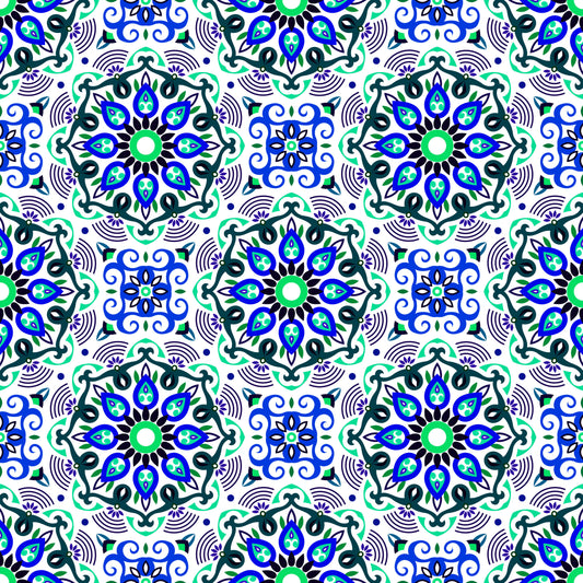 Turquoise - Blue - Green Mandala Fabric - 140i
