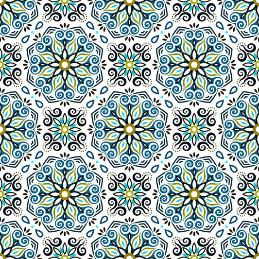 Blue - Green - Turquoise Mandala Fabric - 203i