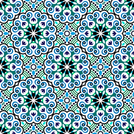 Turquoise - Blue - Green Mandala Fabric - 132i
