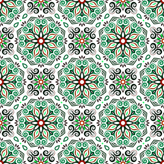 Green - Red Mandala Fabric - 203i