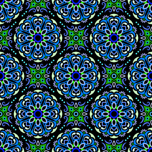 Blue - Green - Turquoise Mandala Fabric - 160