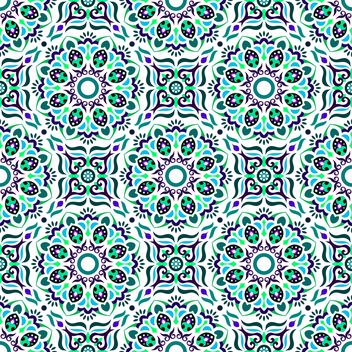 Turquoise - Blue - Purple Mandala Fabric - 186i