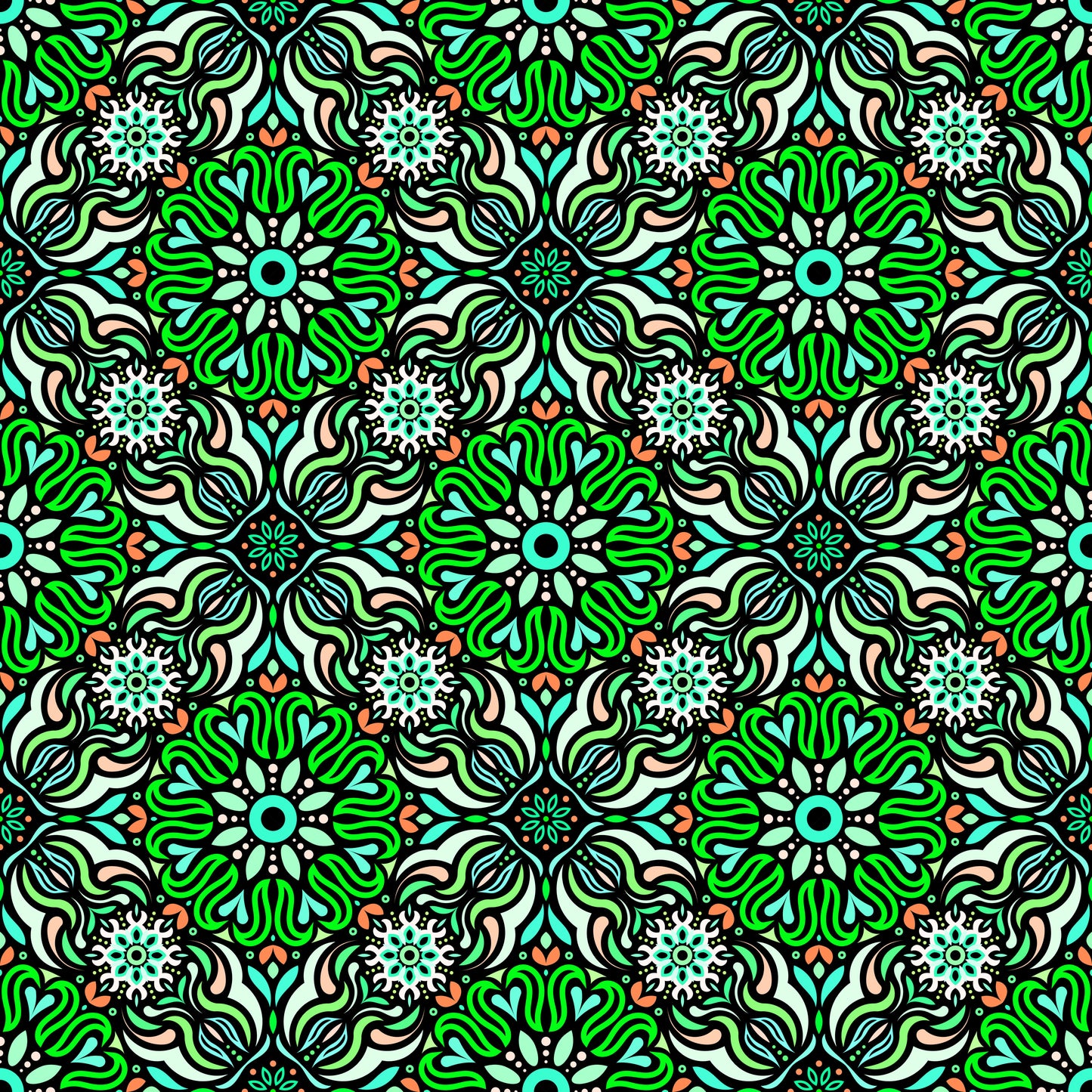 Green - Turquoise - Orange Mandala Fabric 2009.2