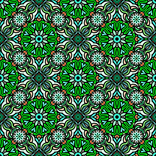 Green - Turquoise - Orange Mandala Fabric 2009.2