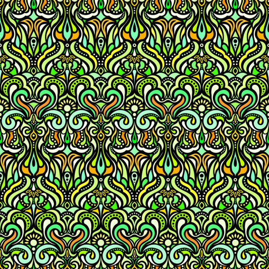 Green - Yellow - Turquoise Abstract Doodle Fabric 1012
