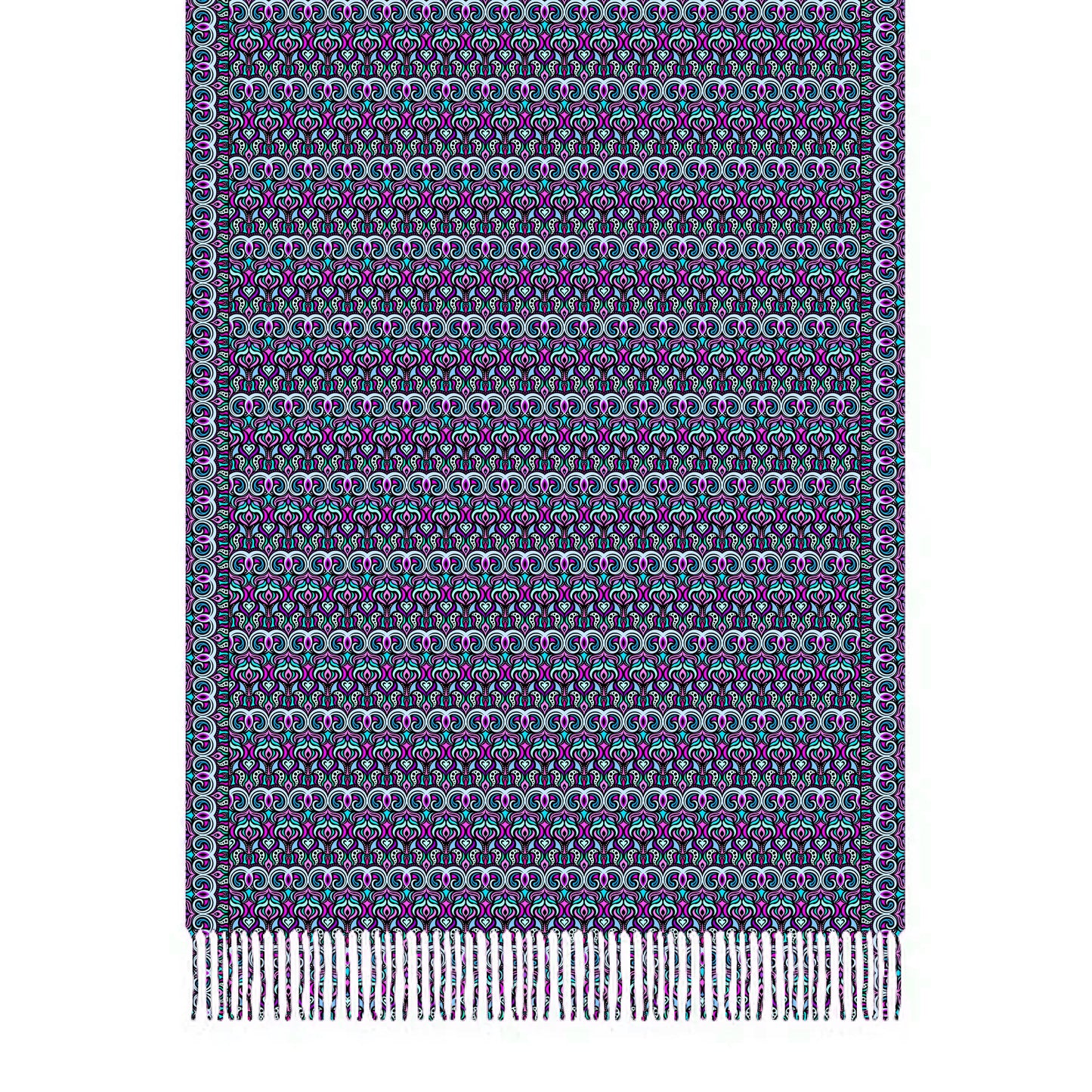 Pink - Turquoise - Purple Abstract Doodle Scarf with Tassels