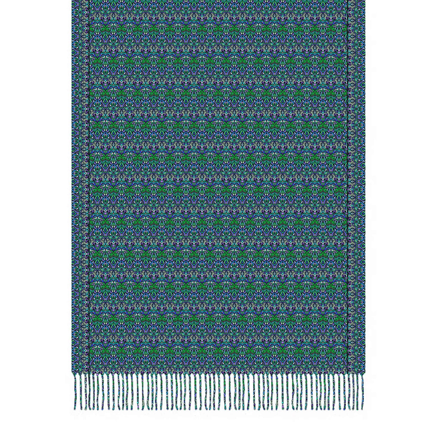 Turquoise - Green - Blue Abstract Doodle Scarf with Tassels