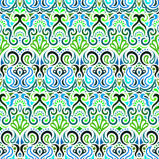 Green - Blue - Turquoise Abstract Doodle Fabric 1002i
