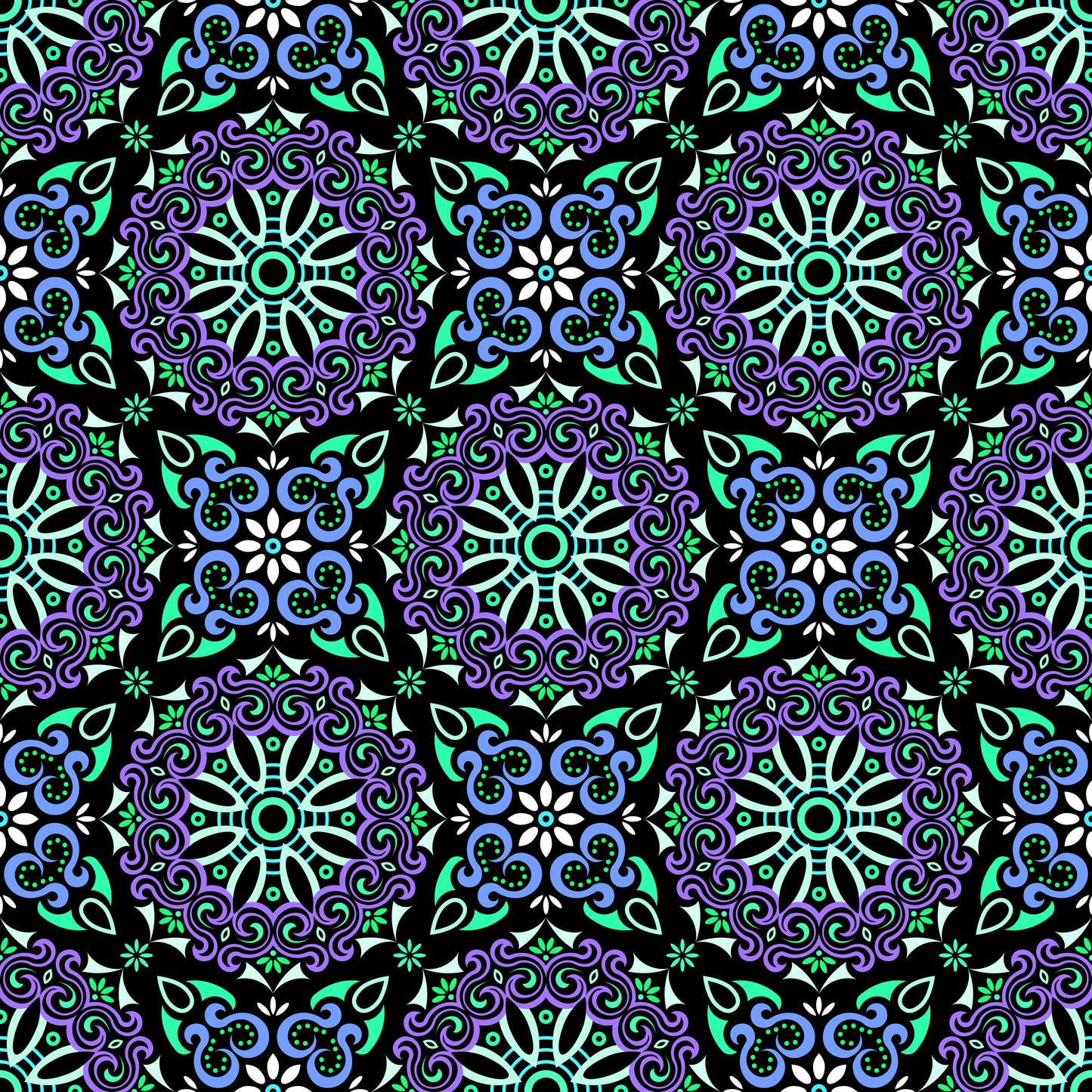 Turquoise - Purple - Blue Mandala Fabric - 166