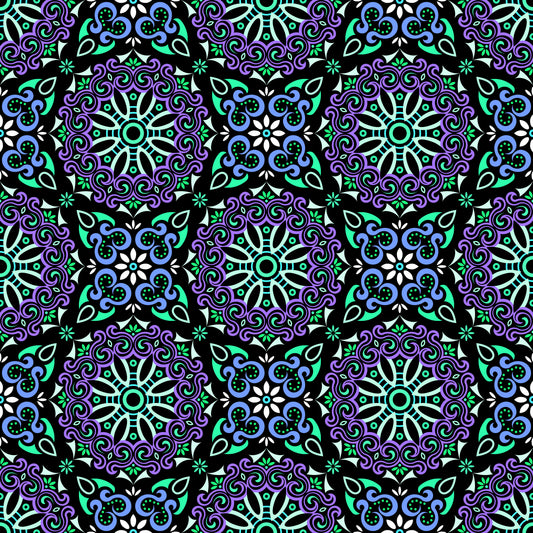 Turquoise - Purple - Blue Mandala Fabric - 166