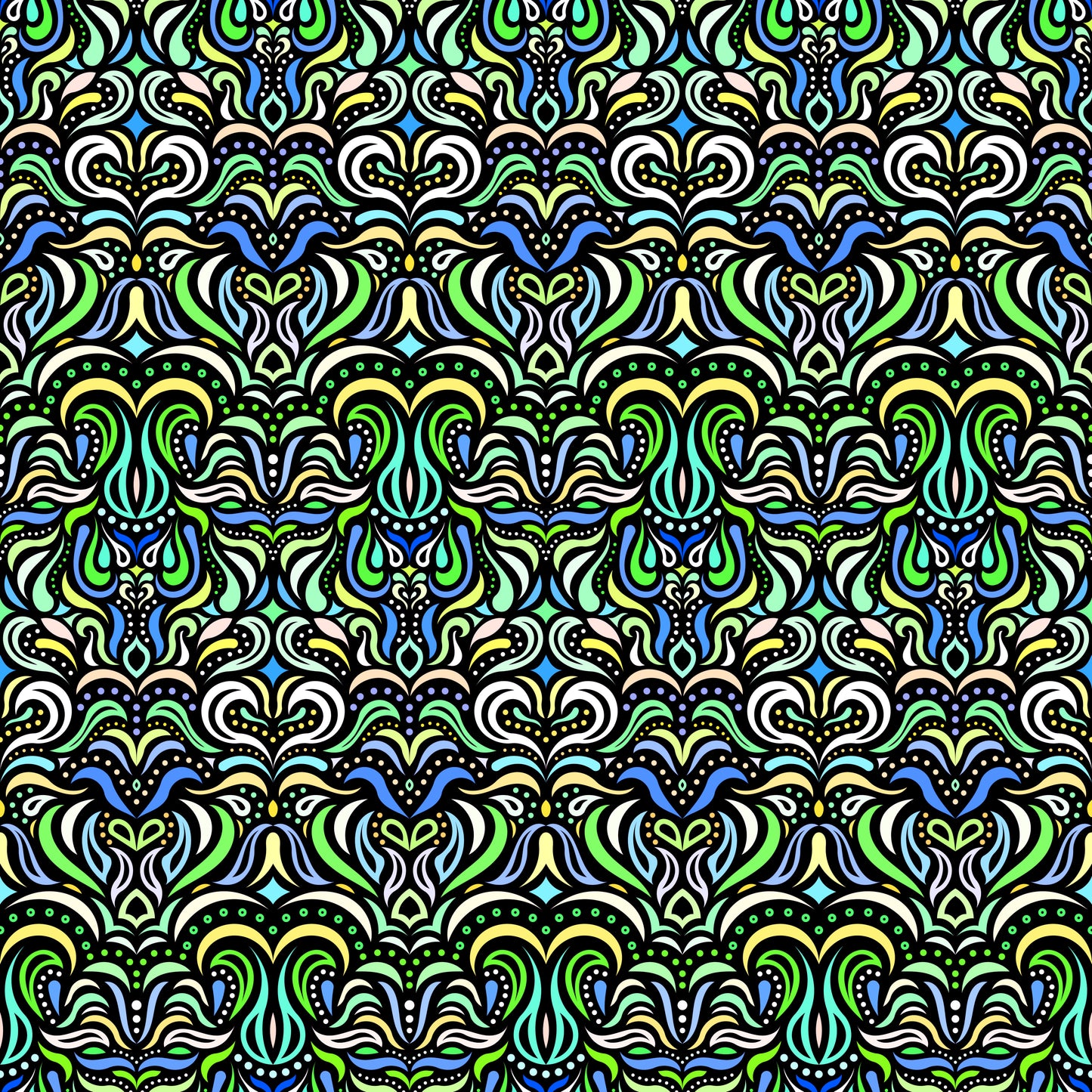 Turquoise - Green - Yellow - Blue Abstract Doodle Fabric 1013.2