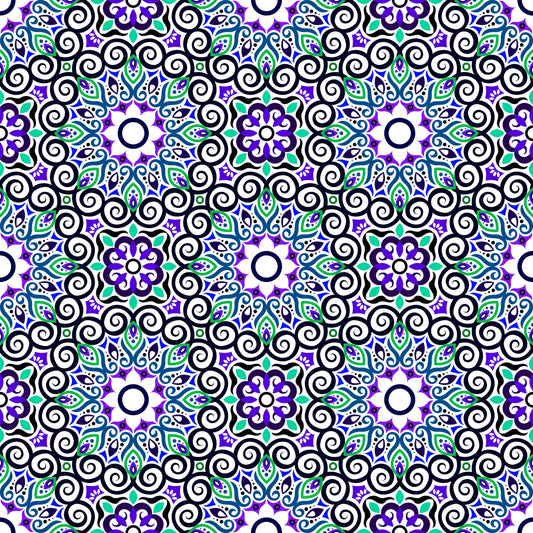 Turquoise - Purple - Blue Mandala Fabric - 125i