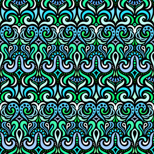 Blue - Turquoise - Green Abstract Doodle Fabric 1001