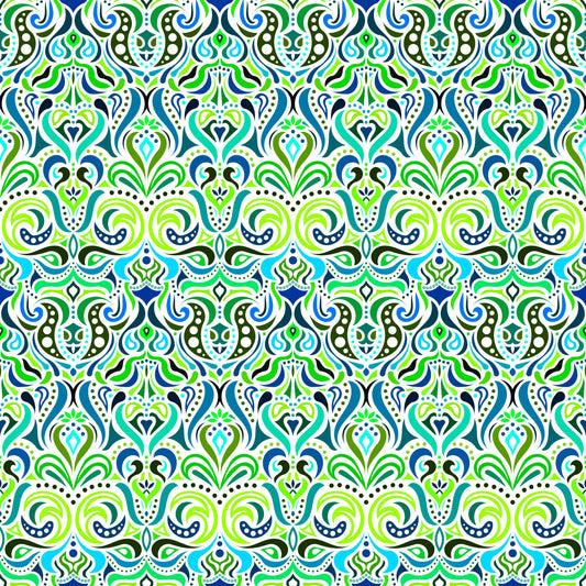 Green - Turquoise - Blue Abstract Doodle Fabric 1011.4i