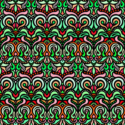 Green - Orange - Red Abstract Doodle Fabric 1007
