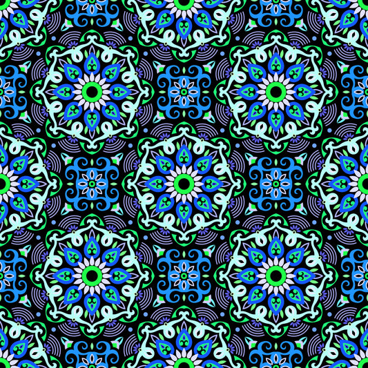Turquoise - Blue - Green Mandala Fabric - 140
