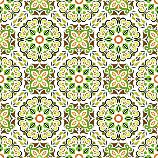 Green - Orange - Brown Mandala Fabric - 206i