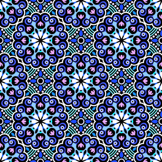 Blue - Purple - Turquoise Mandala Fabric - 132