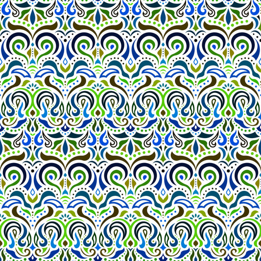 Green - Blue - Brown Abstract Doodle Fabric 1007i
