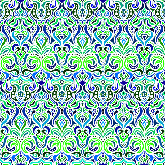 Green - Blue - Turquoise Abstract Doodle Fabric 1011.4i