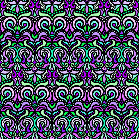Green - Purple - Turquoise Abstract Doodle Fabric 1007