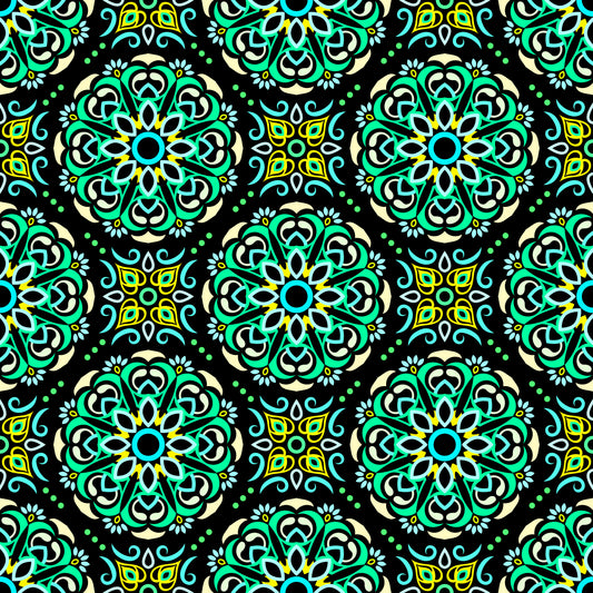 Green - Yellow - Turquoise Mandala Fabric - 160