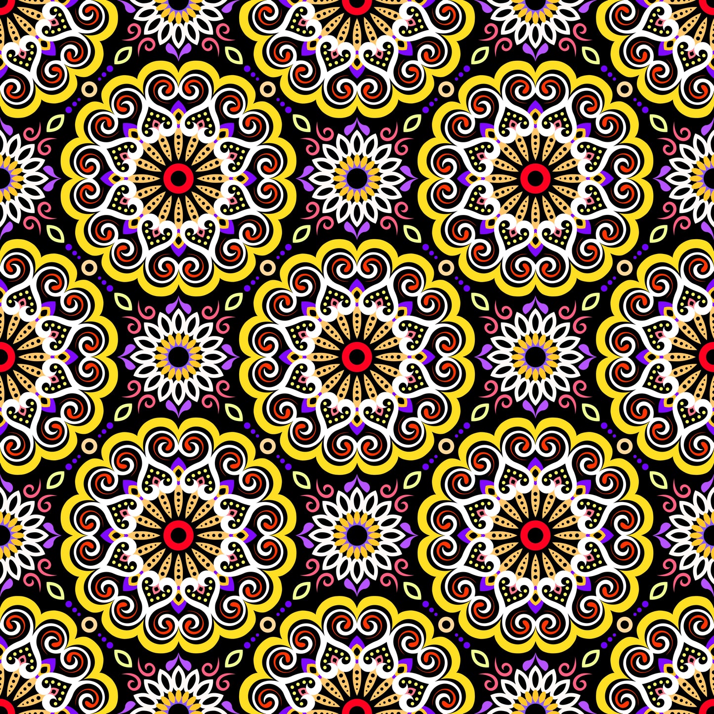 Yellow - Purple - Red Mandala Fabric - 179