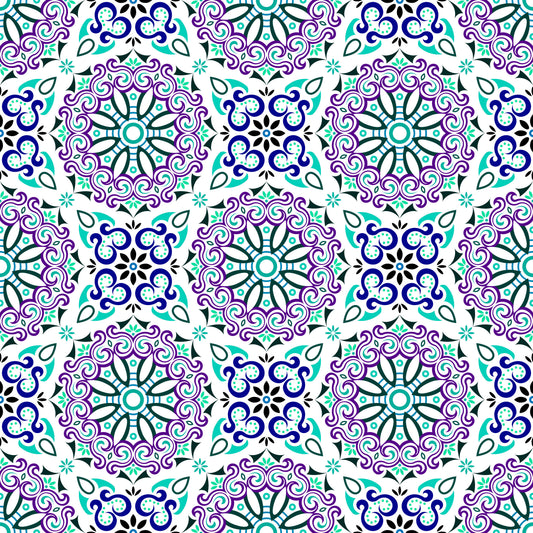 Turquoise - Purple - Blue Mandala Fabric - 166i