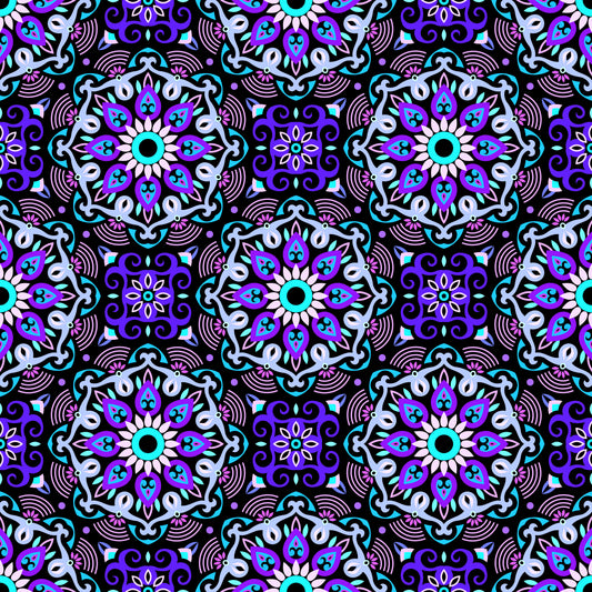 Blue - Purple - Turquoise Mandala Fabric - 140