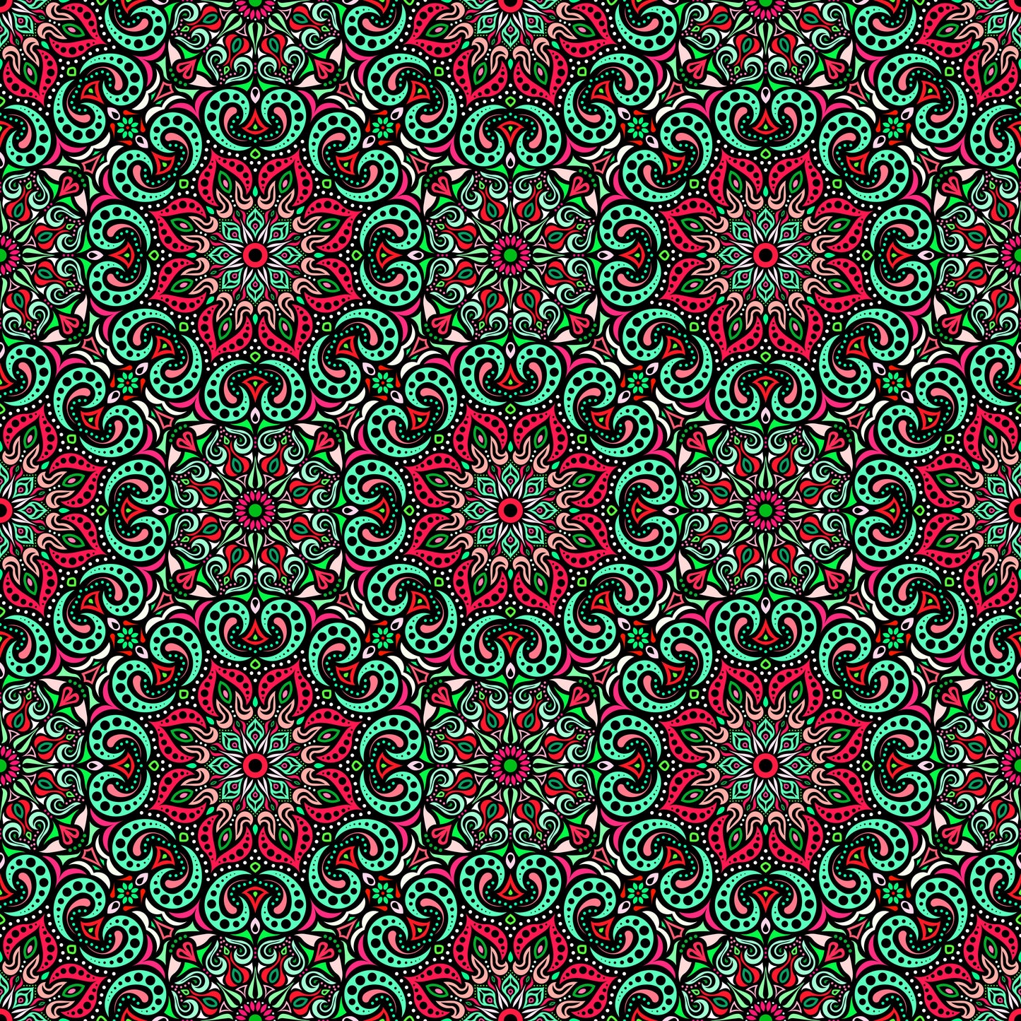 Green - Red - Turquoise Mandala Fabric 2007.3