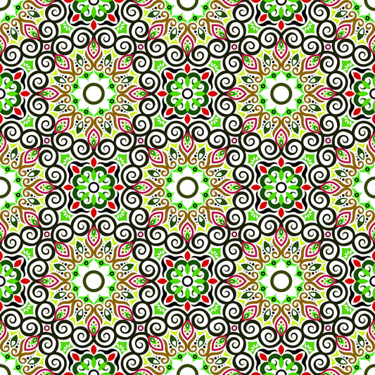 Green - Red - Brown Mandala Fabric - 125i