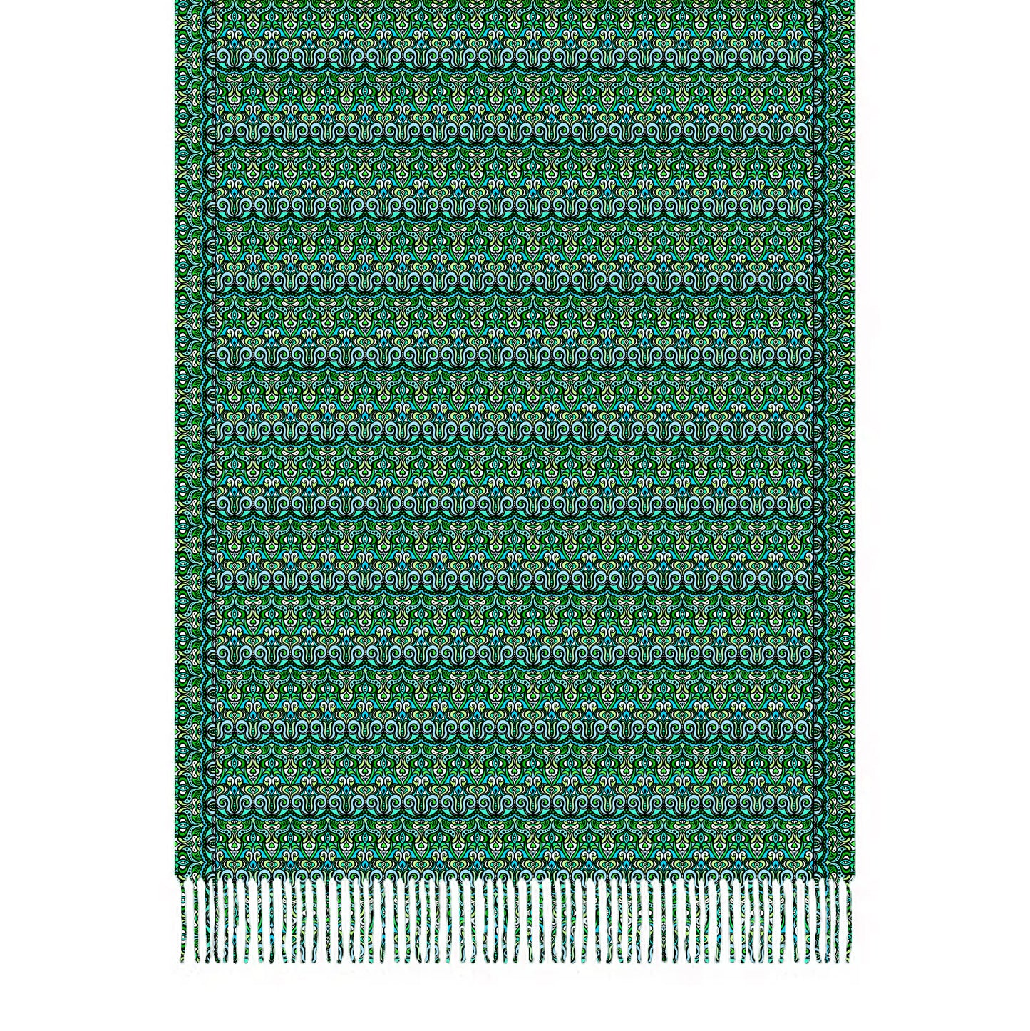 Green - Turquoise - Blue Abstract Doodle Scarf with Tassels