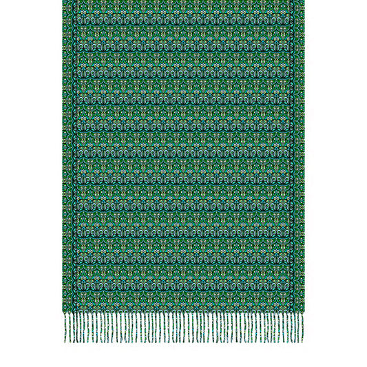 Green - Turquoise - Blue Abstract Doodle Scarf with Tassels
