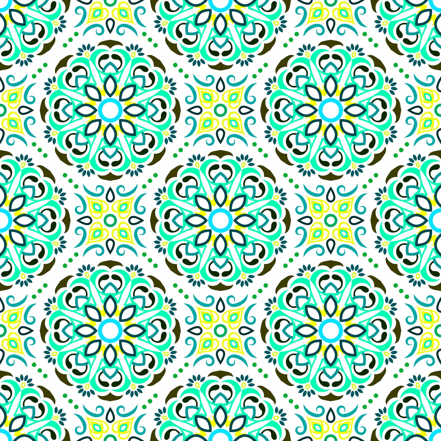 Turquoise - Yellow - Green Mandala Fabric - 160i