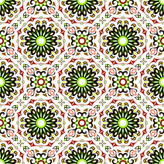 Green - Red - Brown Mandala Fabric - 198i