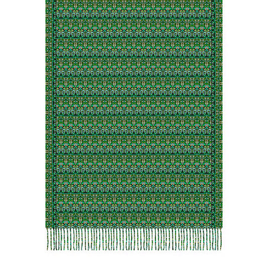Green - Yellow - Turquoise Abstract Doodle Scarf with Tassels