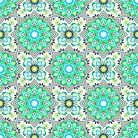 Turquoise - Blue - Green Mandala Fabric - 145i