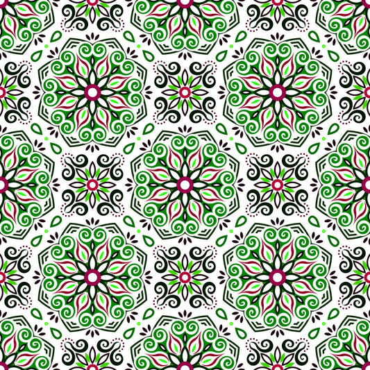Green - Red Mandala Fabric - 203i