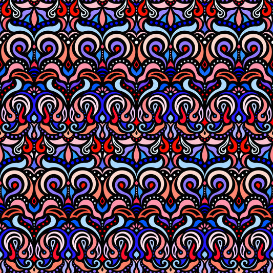 Blue - Red Abstract Doodle Fabric 1007