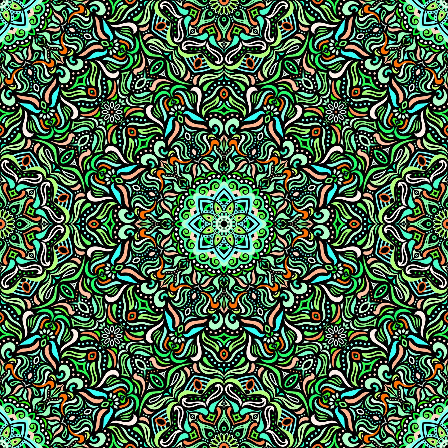 Orange - Green - Turquoise Mandala Fabric 2009.1