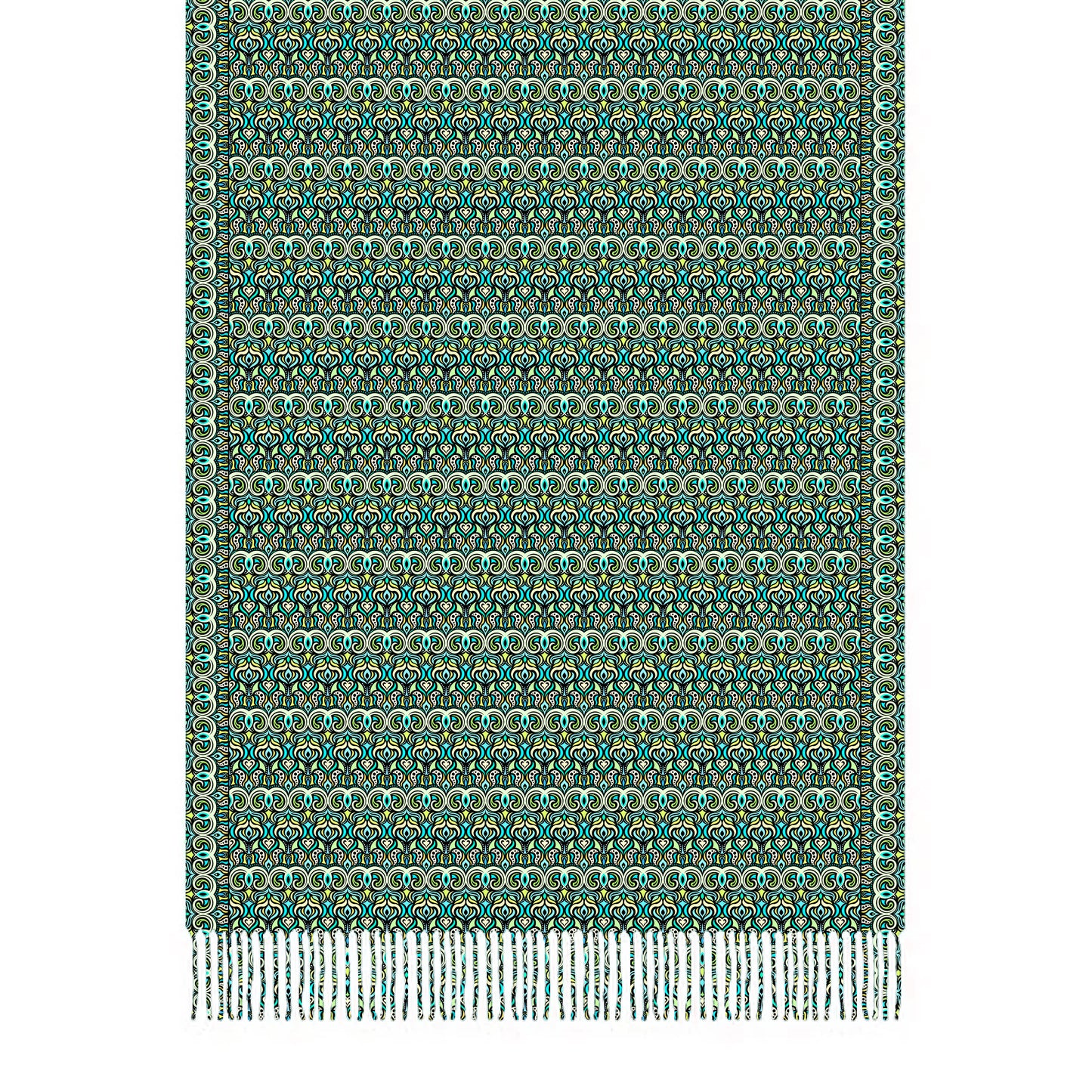 Turquoise - Green - Yellow Abstract Doodle Scarf with Tassels