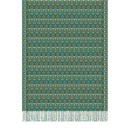 Turquoise - Green - Yellow Abstract Doodle Scarf with Tassels