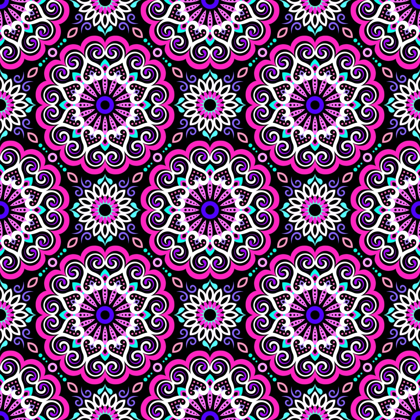 Pink - Purple - Turquoise Mandala Fabric - 179