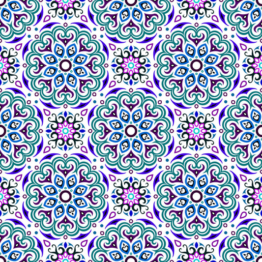Turquoise - Purple - Blue Mandala Fabric - 155i